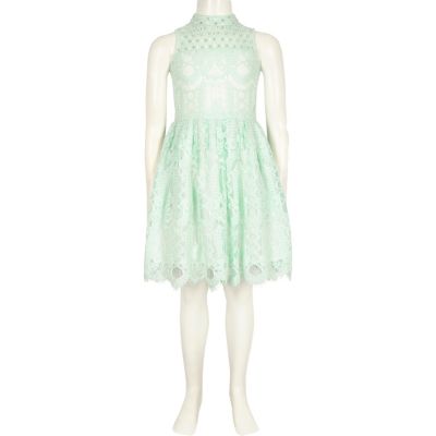 Girls green lace diamante prom dress